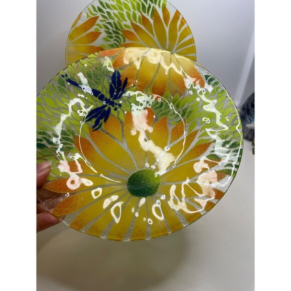 Sydenstricker Fused Glass Plate Handmade signed Orange Flower & Dragonfly - Picture 3 of 9